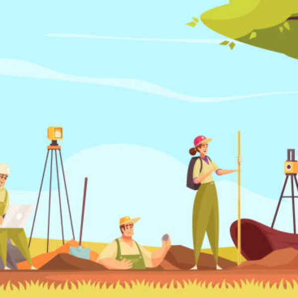 Geologist soil composition with group of flat doodle characters measuring digging ground in wild outdoor scenery vector illustration